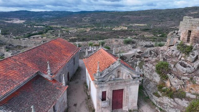 Aerial landscape from a drone of town of Marialva, Portuguese parish of the concelho de M&ecirc;da. Historic Villages. Portugal. Europe