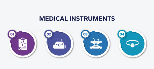 infographic element template with medical instruments filled icons such as medical results, baby bag, baby walker, head mirror vector.