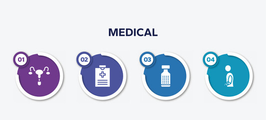 infographic element template with medical filled icons such as reproductive system, medical record, homeopathy, injury vector.