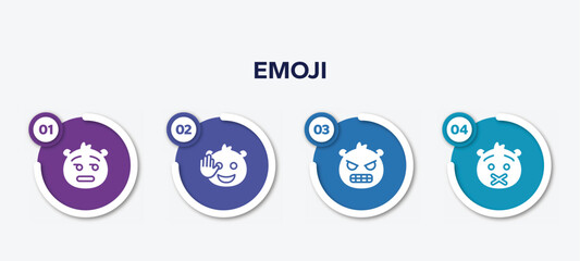 infographic element template with emoji filled icons such as dissapointment emoji, hello emoji, nervous muted vector.