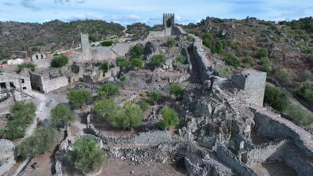 Aerial landscape from a drone of town of Marialva, Portuguese parish of the concelho de M&ecirc;da. Historic Villages. Portugal. Europe