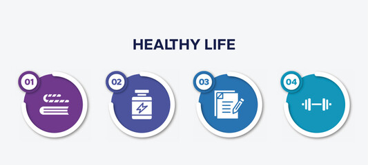 infographic element template with healthy life filled icons such as bookworm, protein supplement, as, dumbell vector.