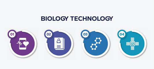 infographic element template with biology technology filled icons such as medical app, biography, nano technology, naensor vector.