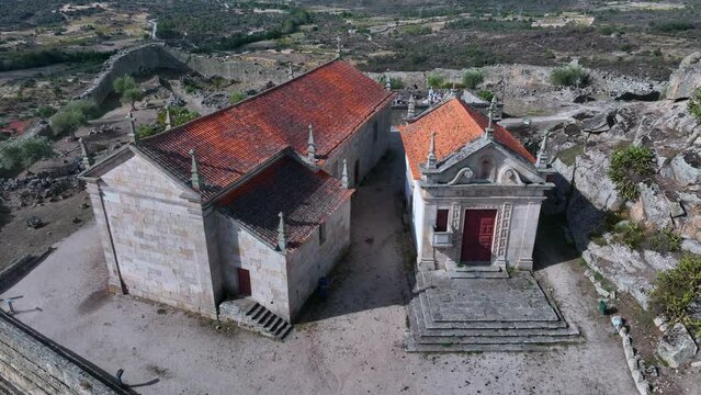 Aerial landscape from a drone of town of Marialva, Portuguese parish of the concelho de M&ecirc;da. Historic Villages. Portugal. Europe