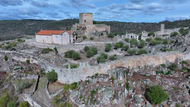 Aerial landscape from a drone of town of Marialva, Portuguese parish of the concelho de M&ecirc;da. Historic Villages. Portugal. Europe