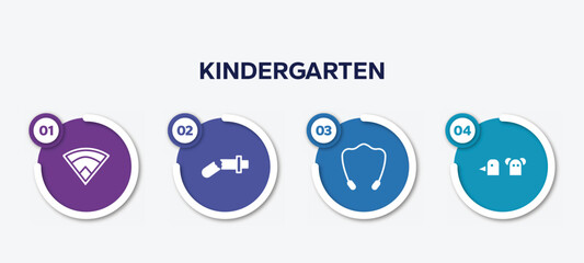 infographic element template with kindergarten filled icons such as baseball field, damaged, jump rope, hand puppet vector.