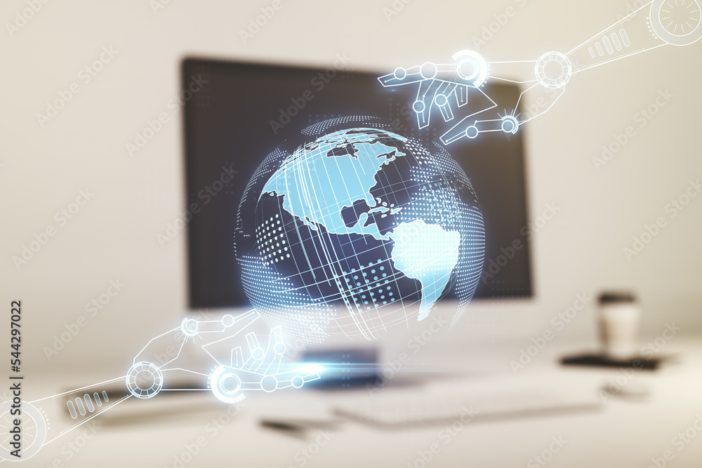 Poster double exposure of robotics technology with world map hologram on laptop background. research and de