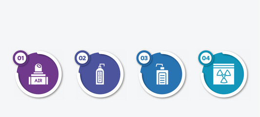 infographic element template with filled icons such as air transmission, liquid soap, hand soap, hazmat vector.