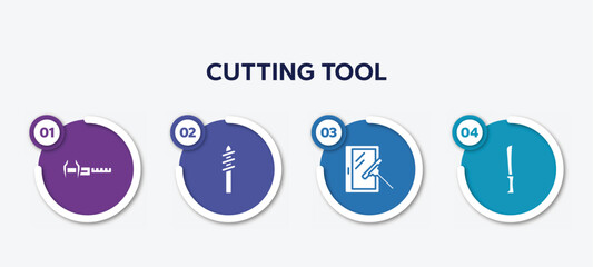 infographic element template with cutting tool filled icons such as calipers, drill tip, window cleaner, bread knife vector.