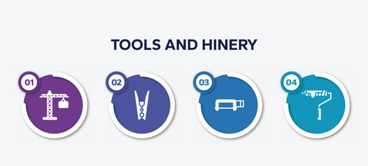 infographic element template with tools and hinery filled icons such as tall crain, clothespin, hacksaw with handle, brush for painting vector.