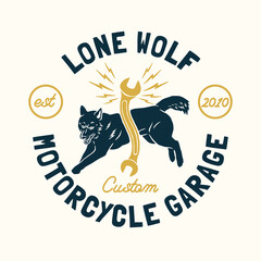Hand Drawn Vintage style of wolf logo, Motorcycle and garage custom logo badge