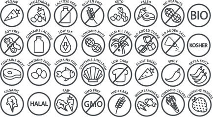 Dietary restrictions and diet kinds icons for restaurant menus etc. . Includes diets such as vegan, vegetarian, keto, plant based.
