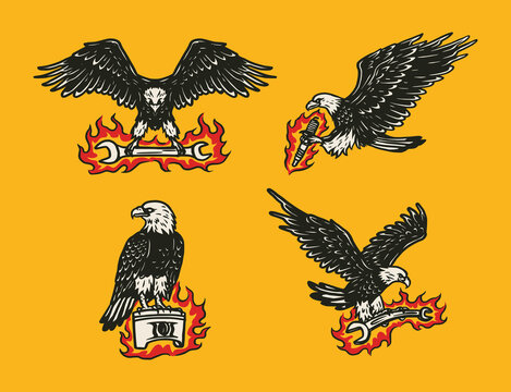 Hand Drawn Vintage style of eagle logo, Motorcycle and garage custom logo badge