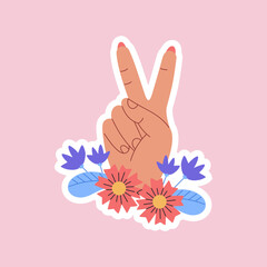 Female hand showing victory sign among flowers. Feminism sticker. Women strength and equality. Hand drawn vector illustration isolated on pink background. Modern flat cartoon style