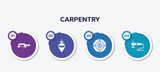 infographic element template with carpentry filled icons such as fretsaw, plumb bob, extractor, polisher vector.