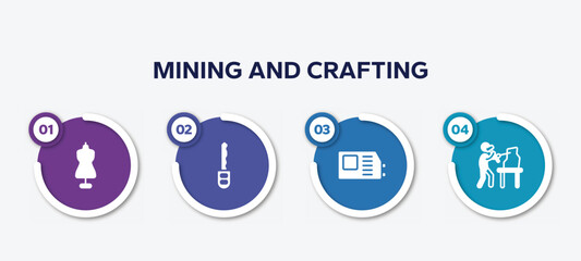 infographic element template with mining and crafting filled icons such as tailor, car key, welding hine, sculptor vector.