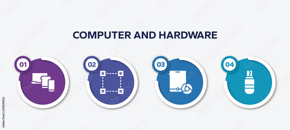 Poster infographic element template with computer and hardware filled icons such as three devices connected