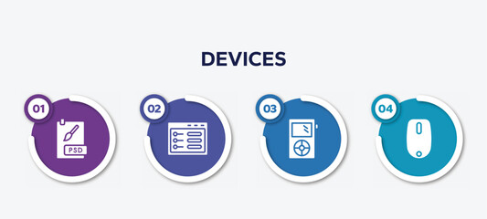 infographic element template with devices filled icons such as psd file, ui de, mini, magic mouse vector.