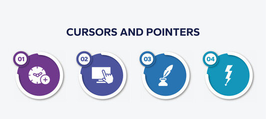 infographic element template with cursors and pointers filled icons such as add time, computer touch screen, quill and ink, lightning electric energy vector.