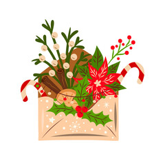 Envelope with Christmas plants and cane sticks. Vector illustration.