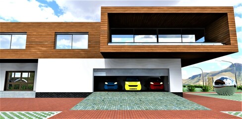 A separate electric car for each family member in the garage of a modern eco-friendly house built according to a futuristic project. 3d rendering. - obrazy, fototapety, plakaty