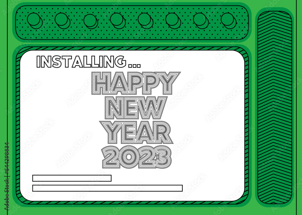 Poster cartoon computer with the word new year. message of a screen displaying an installation window. holi