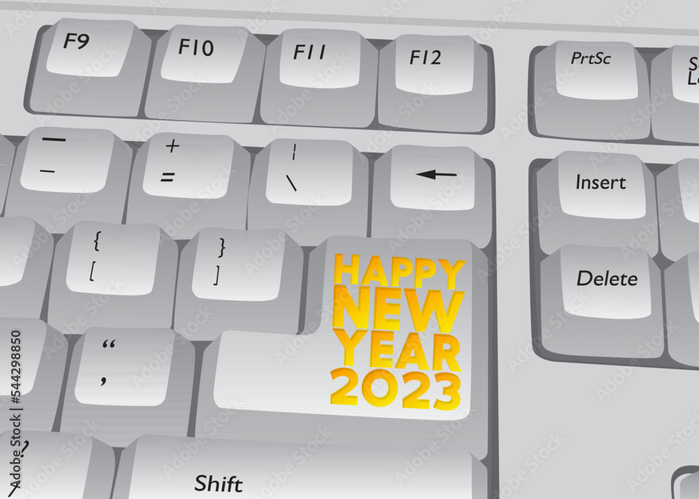 Poster computer keyboard with new year text. close-up of an electronic computer device part, keypad. holida