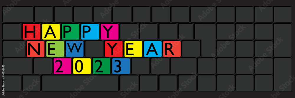 Poster computer keyboard with new year text. close-up of an electronic computer device part, keypad. holida