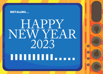 Cartoon Computer With the word New Year. Message of a screen displaying an installation window. Holiday greeting card. Abstract vector illustration.