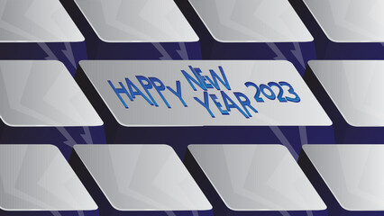 Computer Keyboard with New Year text. Close-up of an electronic Computer Device part, keypad. Holiday greeting card. Abstract vector illustration.