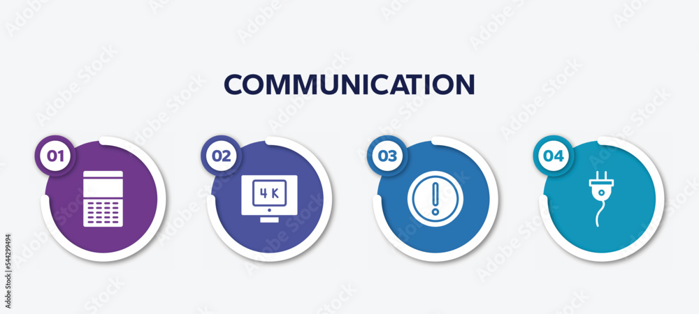 Poster infographic element template with communication filled icons such as keypad, 4k, caution triangle, c