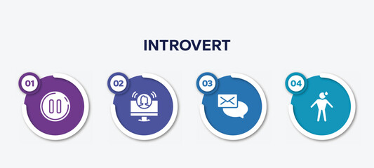 infographic element template with introvert filled icons such as pause button, teleconference, emails, shy vector.