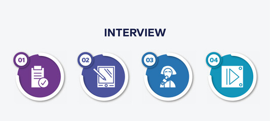 infographic element template with interview filled icons such as approval, pda, reporter, vector.