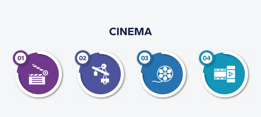 infographic element template with cinema filled icons such as movie clapper, jimmy jib, film roll side view, film strip black vector.