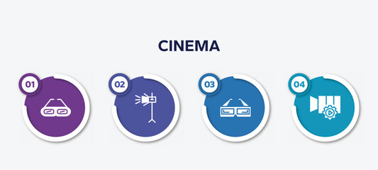 infographic element template with cinema filled icons such as old 3d glasses, movie light, 3d paper glasses, video tings vector.