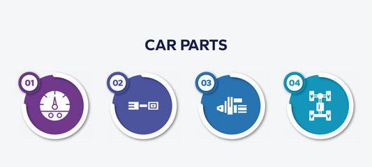 infographic element template with car parts filled icons such as car fuel gauge, car petrol cap, starter, axle vector.