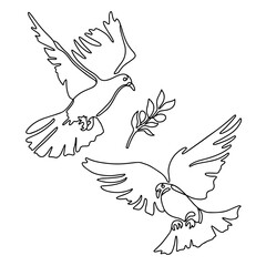 Vector hand drawing. Dove symbol of peace, freedom, love. Couple of pigeons flying with olive leaf. Continuous one line art design, flat icon. Pigeon silhouette Isolated on white background. Monoline.