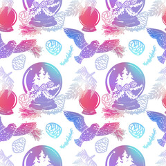 Winter seamless pattern with flying owl at forest and a snow globe. Festive christmas background.