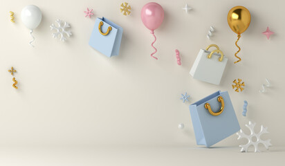 Winter sale decoration background with shopping bag, balloon, snowflakes, copy space text, 3D rendering illustration
