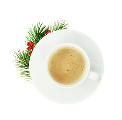 Obraz na płótnie Canvas Cup of coffee and soucer with Christmas decorations isolated on white or transparent background