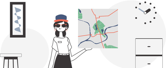 The woman is holding a map. Delivery concept. Linear style.