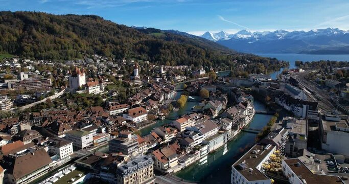 Thun city drone back travelling - Aerial 4K
