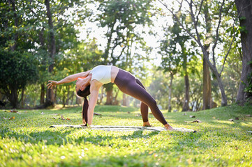 Fototapeta premium Healthy fit Asian woman doing Arm balance yoga pose or Wild thing pose in the park