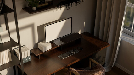 Modern loft and contemporary home working room interior with computer mockup on dark wood table