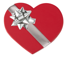 overhead view of heart shaped gift box with silver bow