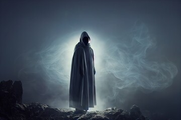 Scary figure in hooded cloak in the dark. 3d rendering.