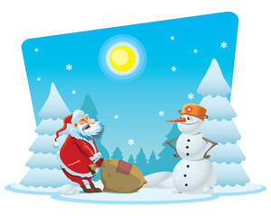 Santa Claus. Heavy bag with gifts. Friendly Snowman.