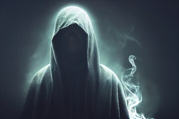 Scary figure in hooded cloak in the dark. 3d rendering. - obrazy, fototapety, plakaty