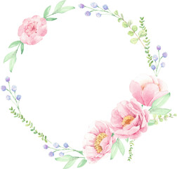 watercolor pink peony flower bouquet arrangement wreath frame for logo or banner