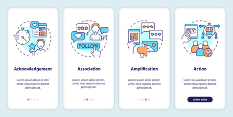 Types of social engagement onboarding mobile app screen. Involve users walkthrough 4 steps editable graphic instructions with linear concepts. UI, UX, GUI template. Myriad Pro-Bold, Regular fonts used